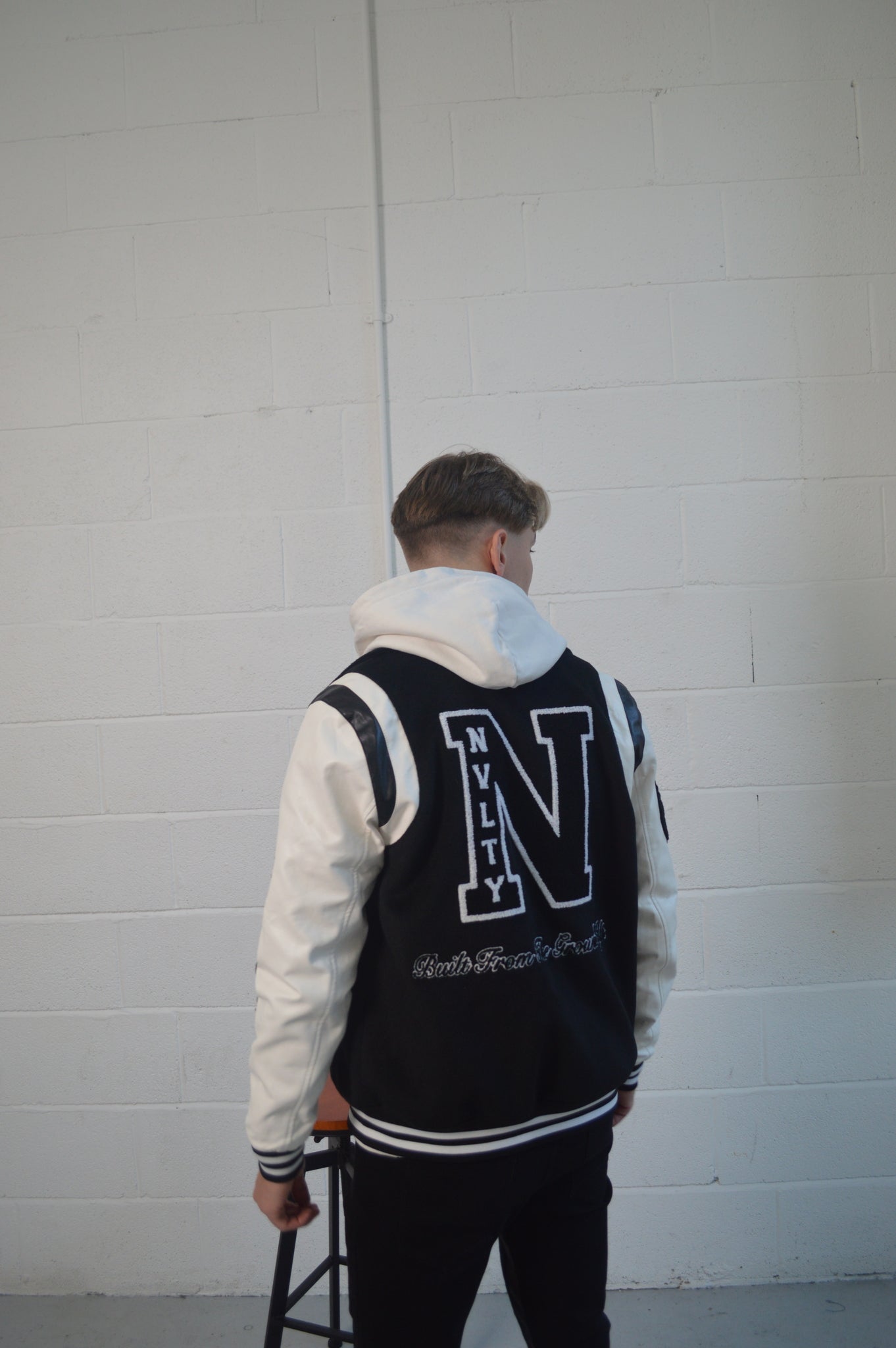 NVLTY VARSITY BLACK BOMBER JACKET