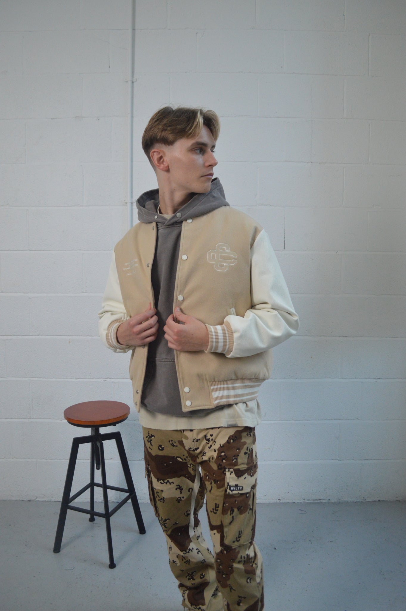 THE COUTURE CLUB EMBLEM SCRIPT VARSITY BOMBER JACKET